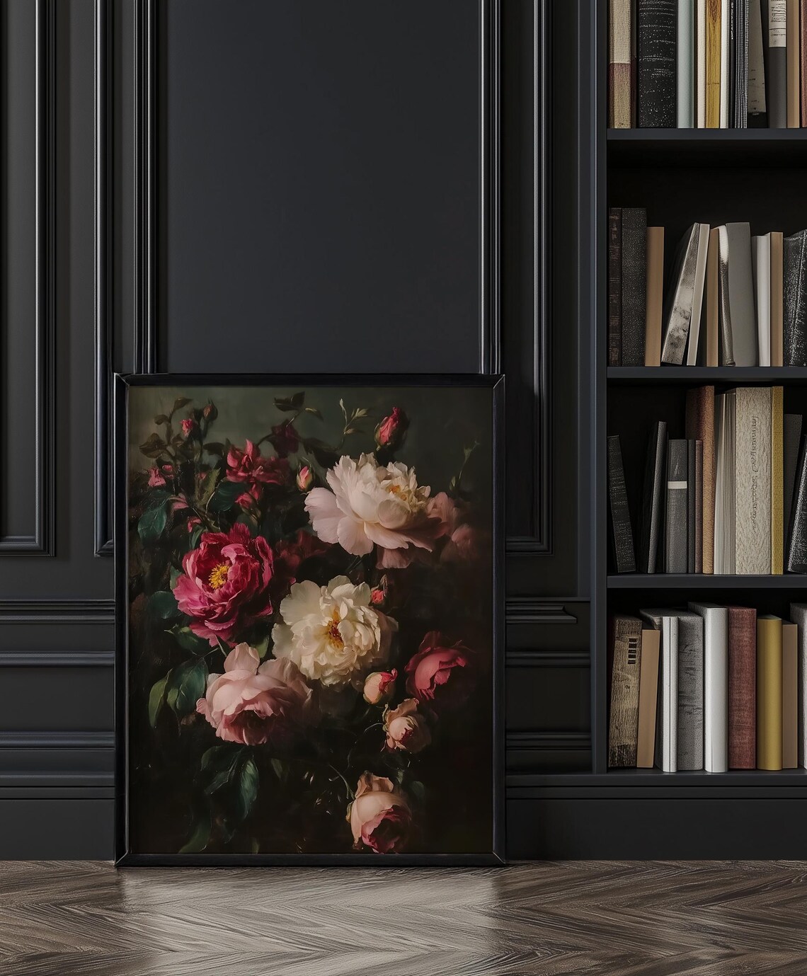 Moody Deep Pink and Ivory Peonies Dark Floral Still Life Poster - Image 3