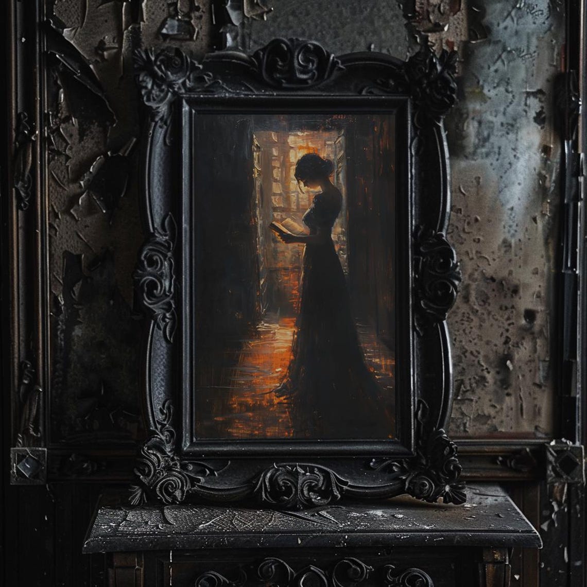 Woman Reading by Window in Dark Moody Library Gothic Art Poster - Image 2