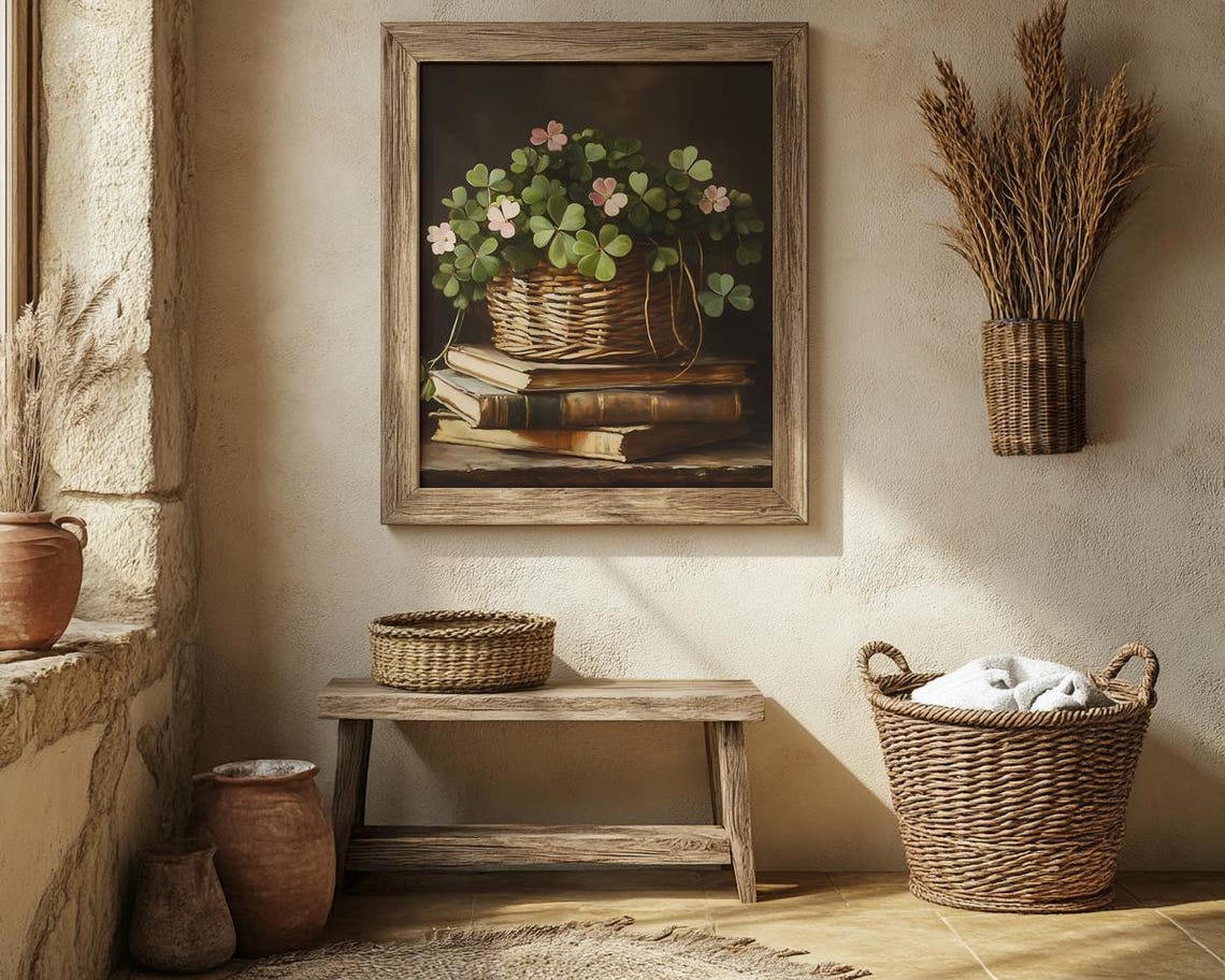 Shamrock Clover Basket on Vintage Books Dark Floral Still Life Poster - Image 4