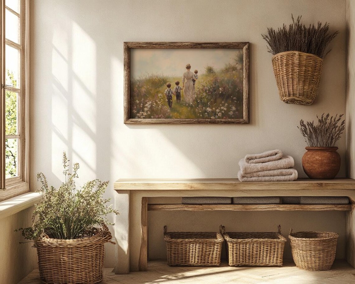 Vintage Mother and Children in a Wildflower Meadow Oil Painting Poster - Image 2