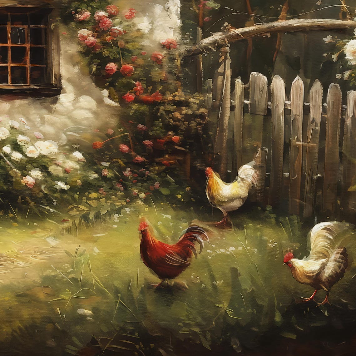 Rose Covered Cottage with Rooster and Hens in the Garden Poster - Image 3