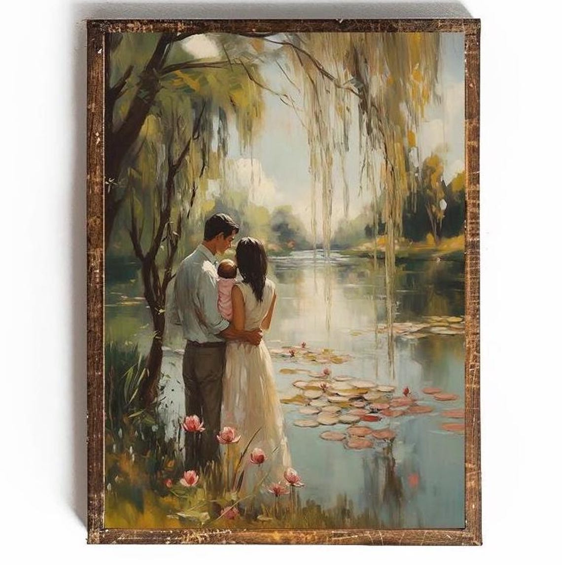 Young Romantic Parents Holding Baby Beside Willow Lily Pond Poster