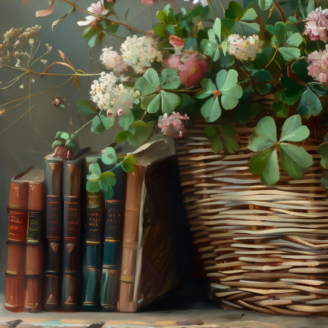 Still Life Basket Of Clover And Wildflowers With Old Books Poster - Image 2
