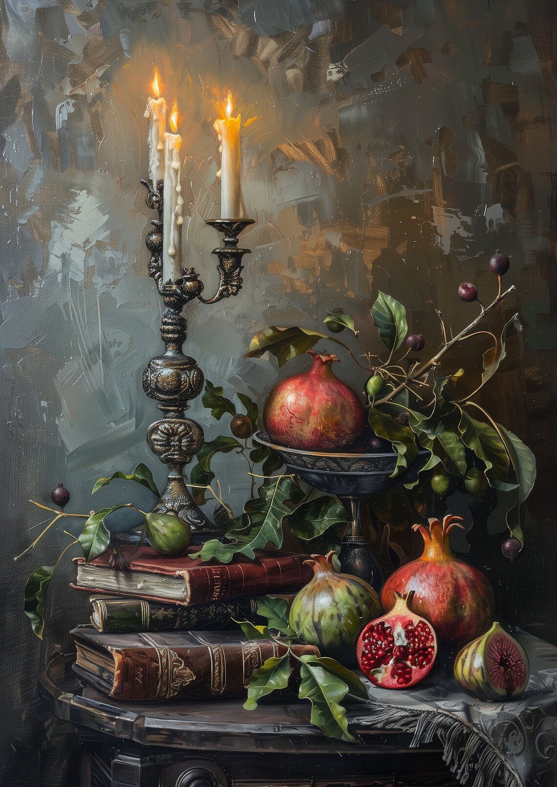 Dark Academia Still Life Candlelit Books Pomegranate And Figs Poster - Image 3
