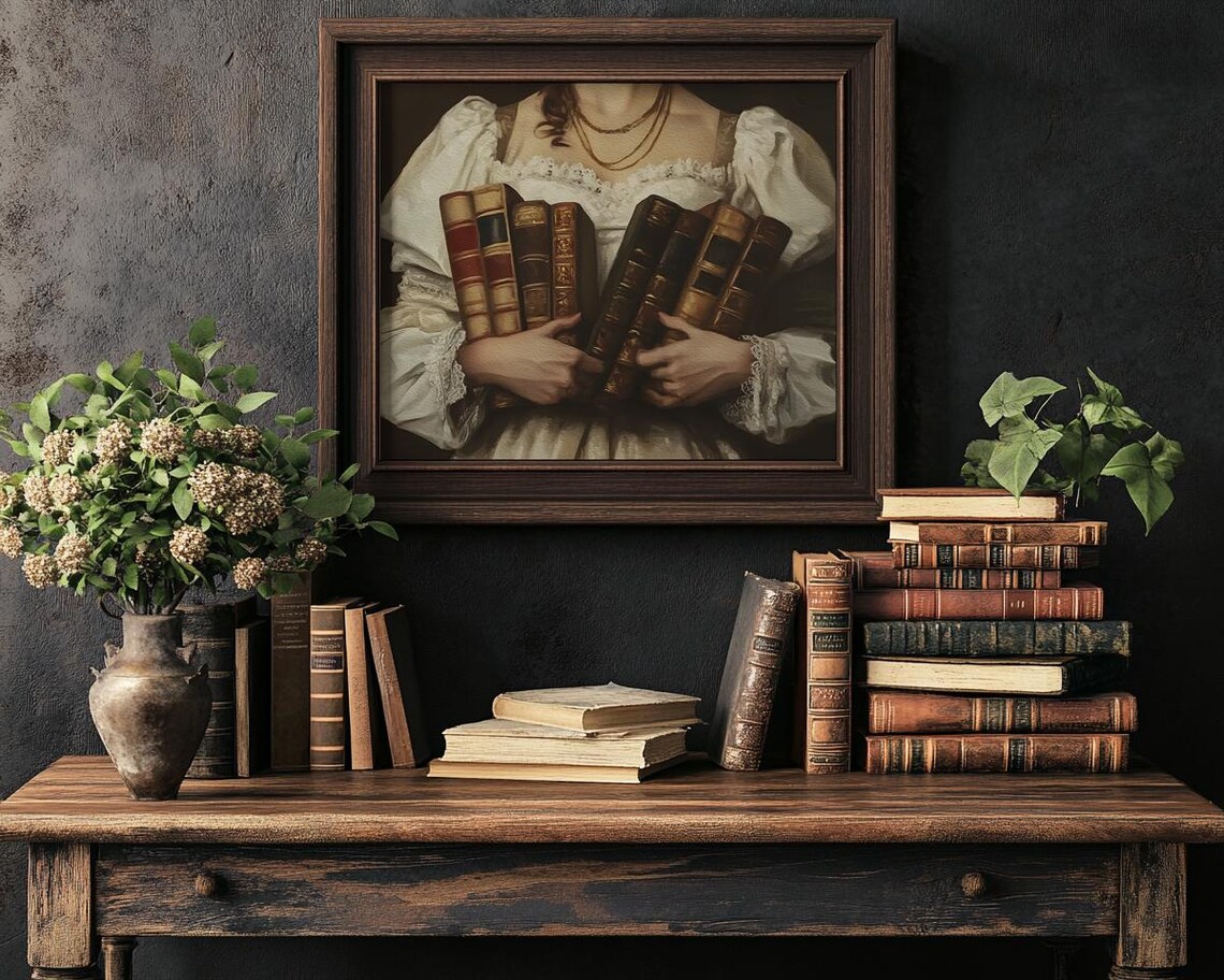 Woman Holding Armful of Antique Leather Books Dark Academia Poster - Image 3