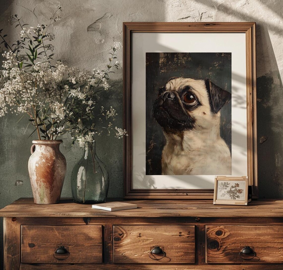 Pug Dog Portrait In Vintage Dark Background Oil Painting Poster - Image 3