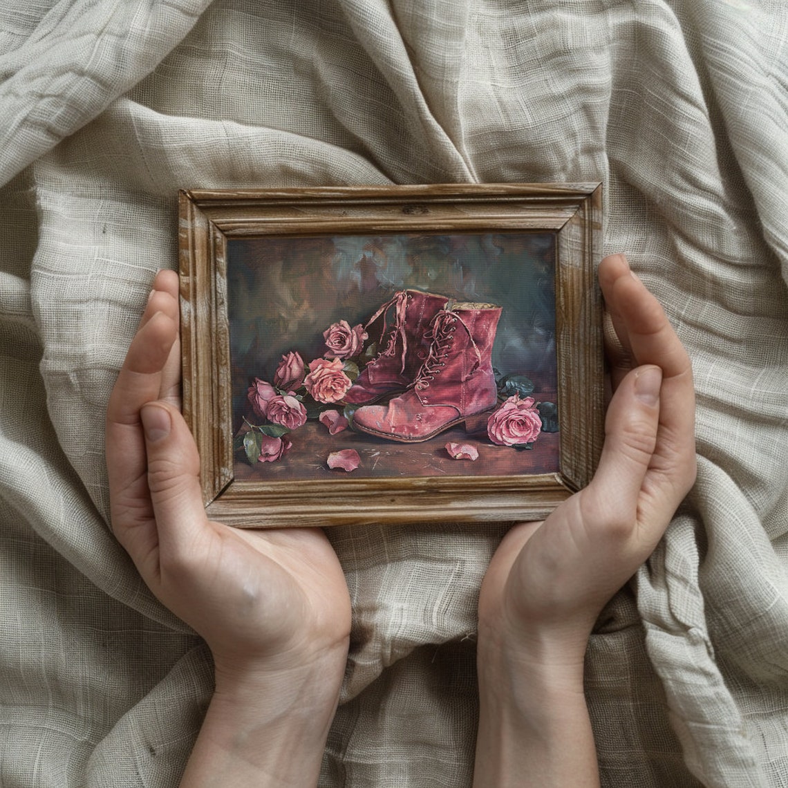 Vintage Red Lace-Up Boots With Pink Roses Moody Still Life Poster - Image 4