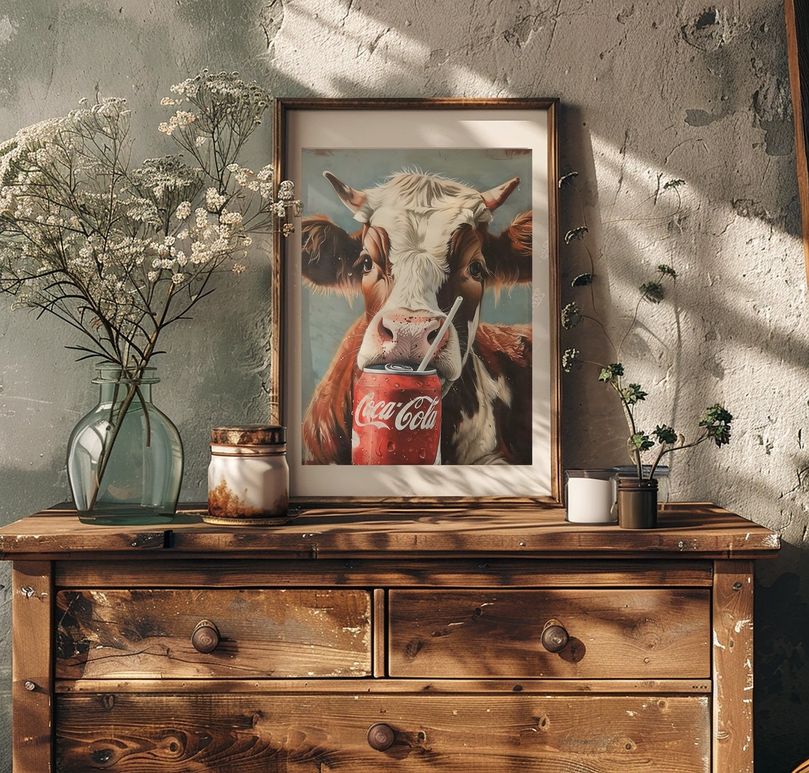 Funny Cow Sipping Coca-Cola Through a Straw Humor Art Poster - Image 2