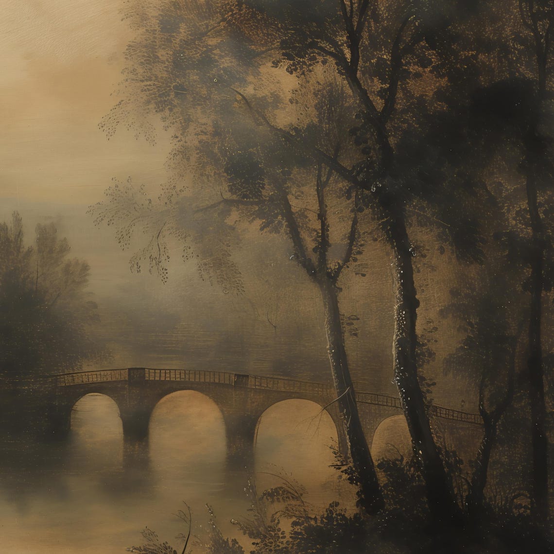 Moody Stone Bridge Over Misty Water Dark Academia Landscape Poster - Image 2