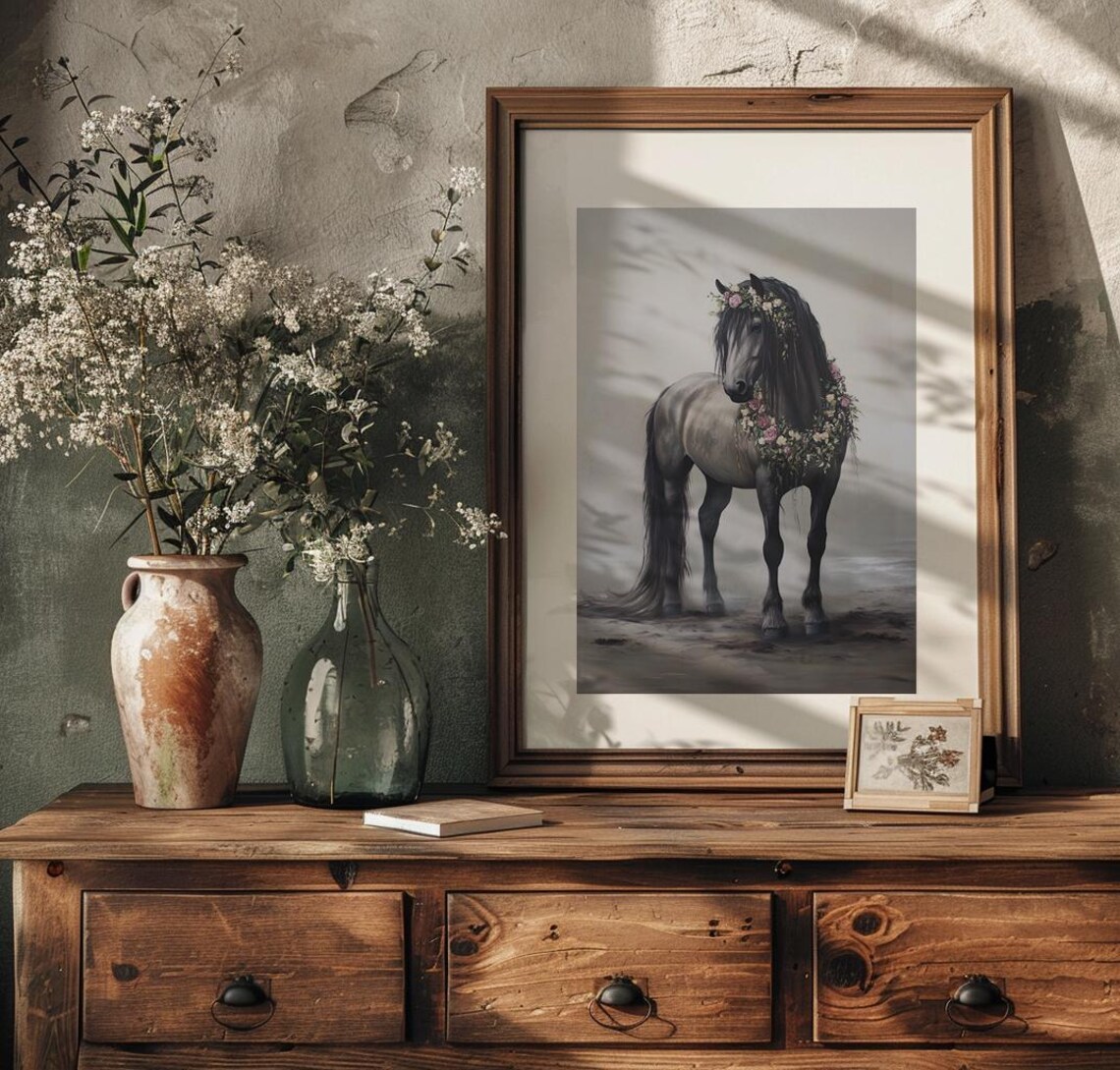 Elegant Gray Horse Adorned with a Floral Garland Portrait Poster - Image 2