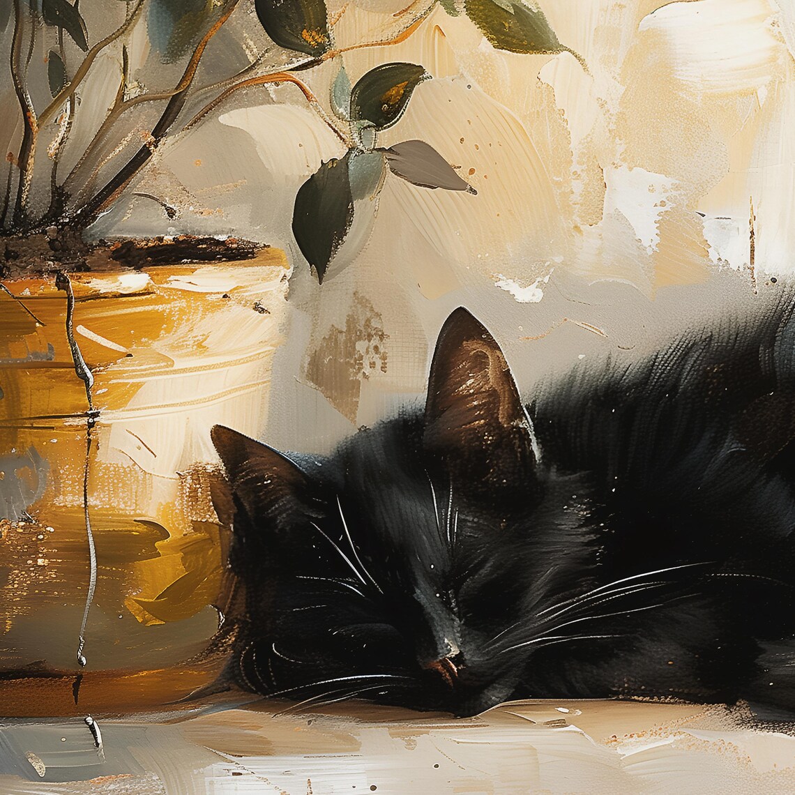 Black Cat Napping Next to a Golden Potted Plant Still Life Poster - Image 2
