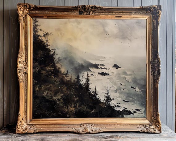 Moody Coastline Print Oregon Coast Art Dark Academia Decor Washington State Wall Art Moody Bathroom Wall Art Pacific Northwest Art