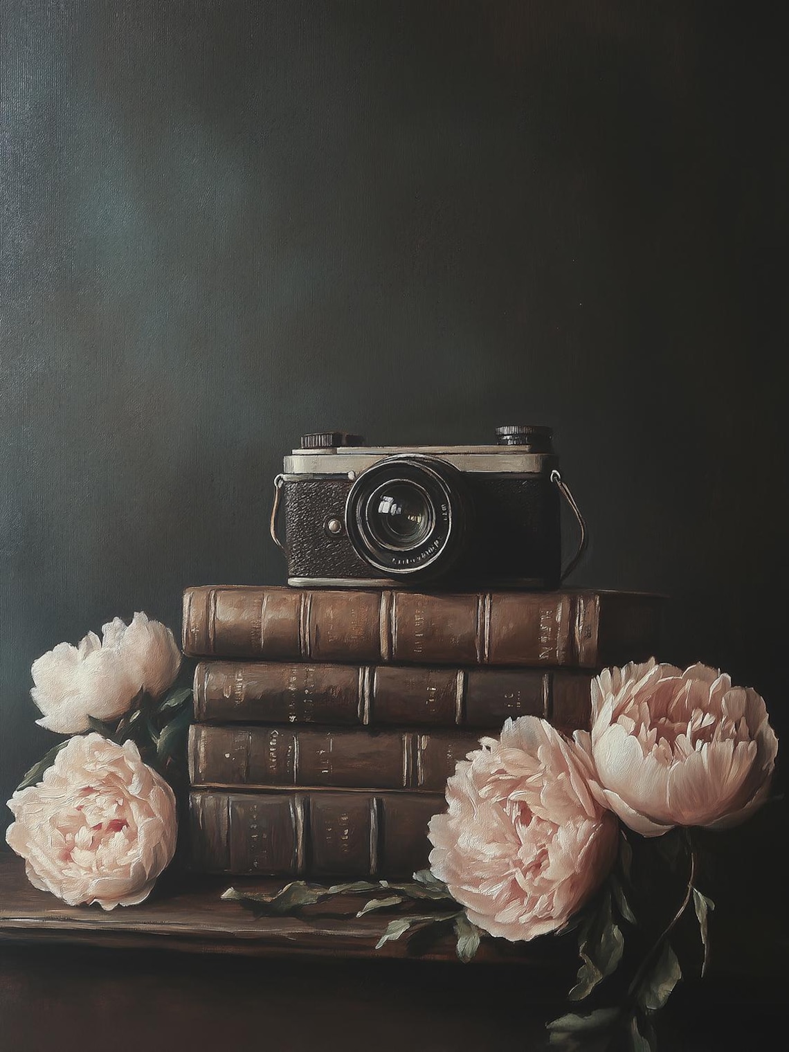 Vintage Film Camera On Old Books With Peonies Still Life Poster - Image 3