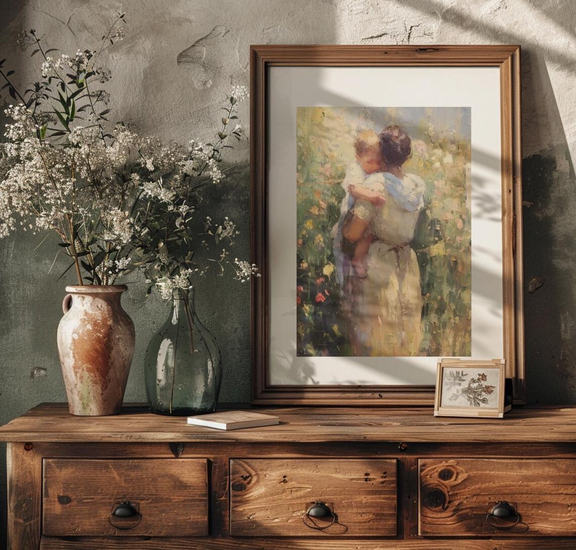 Mother Carrying Child Through Sunlit Flower Garden Painting Poster - Image 4