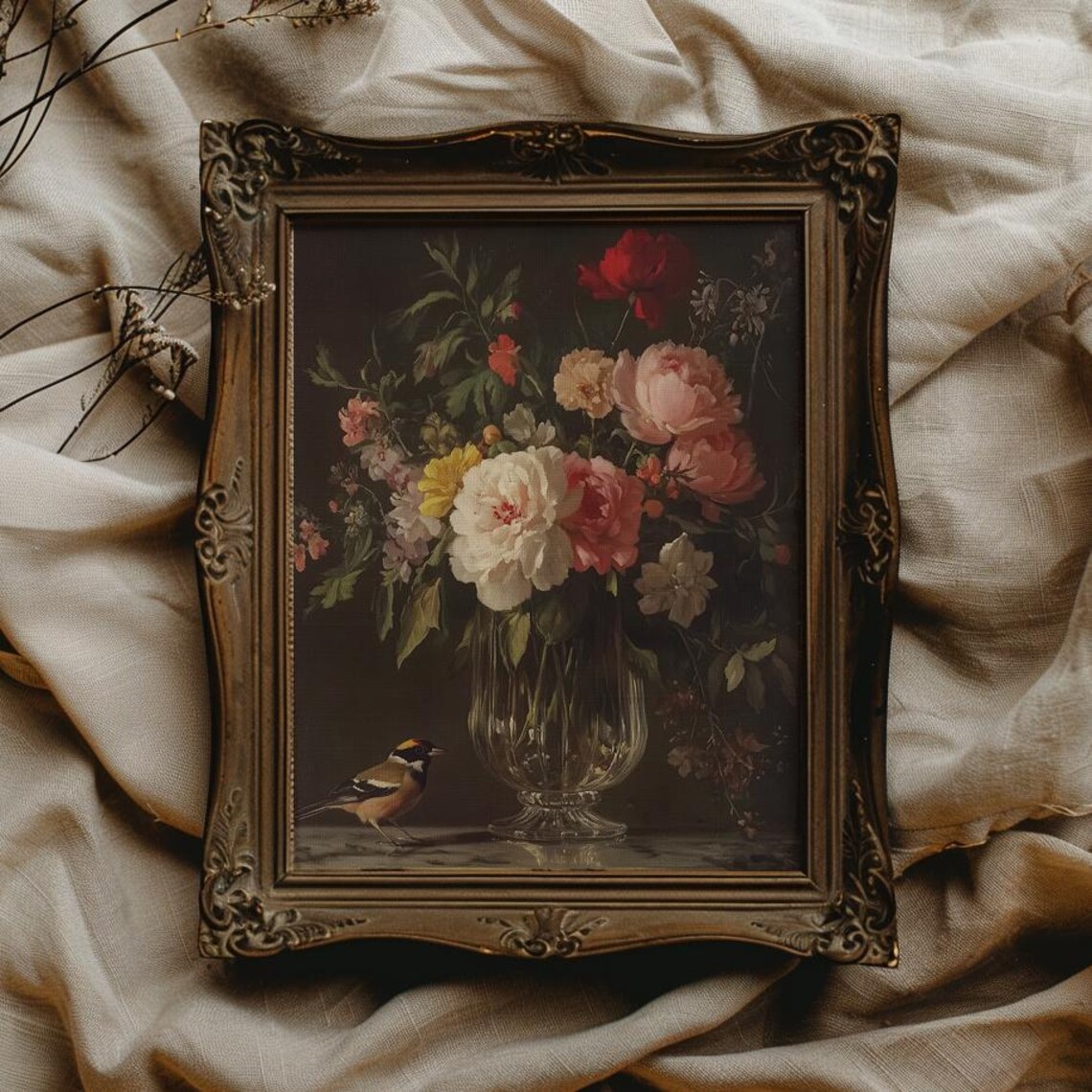 Vintage Floral Still Life With Glass Vase and Small Finch Bird Poster - Image 4