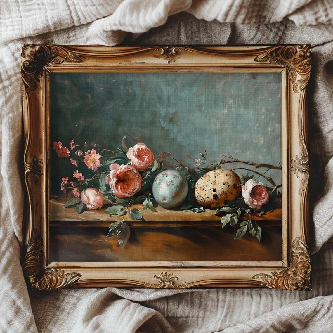 Painted Easter Eggs with Blush Roses on a Wooden Ledge Poster - Image 4