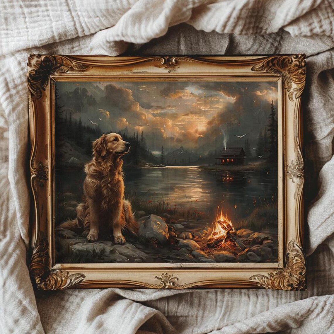 Golden Retriever by Lakeside Campfire at Sunset Cabin Art Poster
