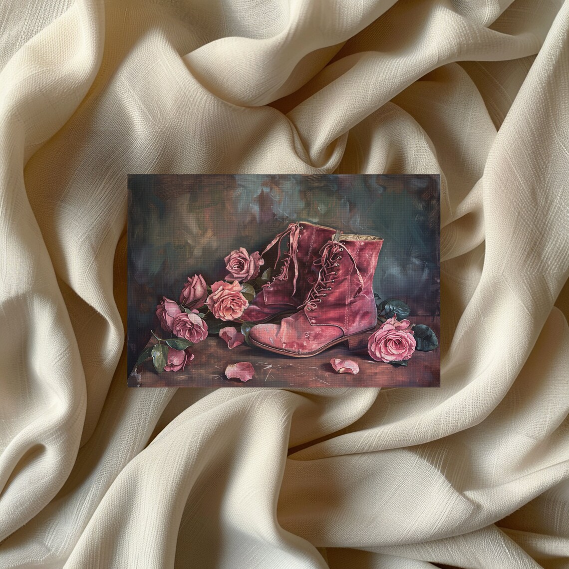 Vintage Red Lace-Up Boots With Pink Roses Moody Still Life Poster - Image 2
