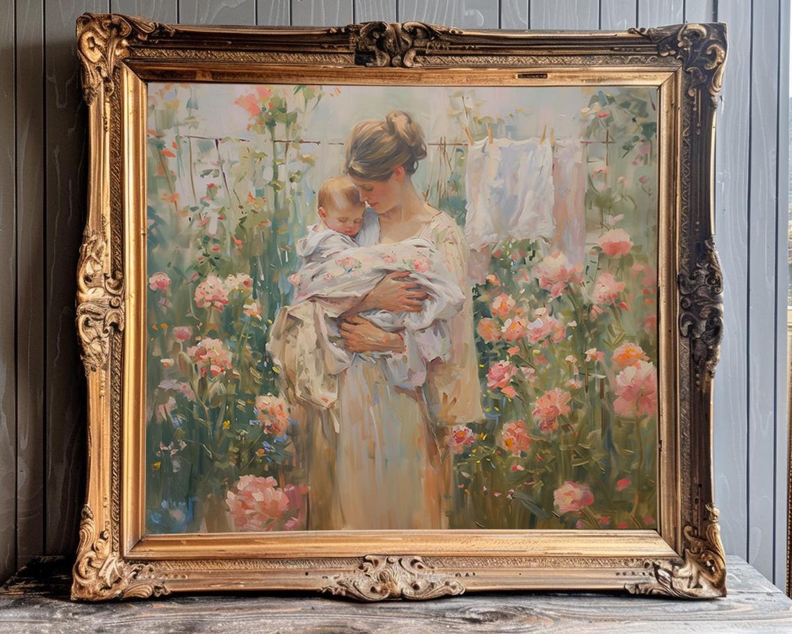Mother Embracing Baby In Blooming Garden Vintage Nursery Poster