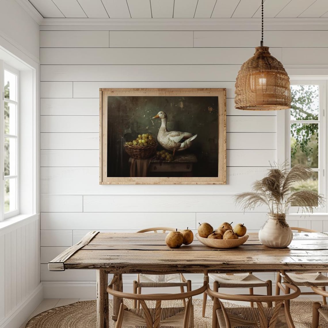 Domestic White Duck by Basket of Grapes Dark Moody Still Life Poster - Image 3