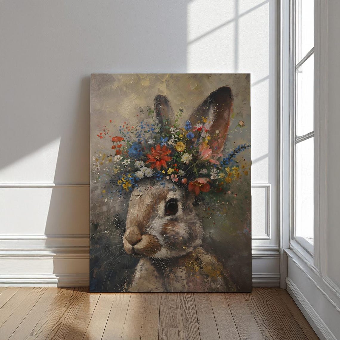 Rabbit Portrait Wearing Wildflower Crown Vintage Bunny Art Poster - Image 3