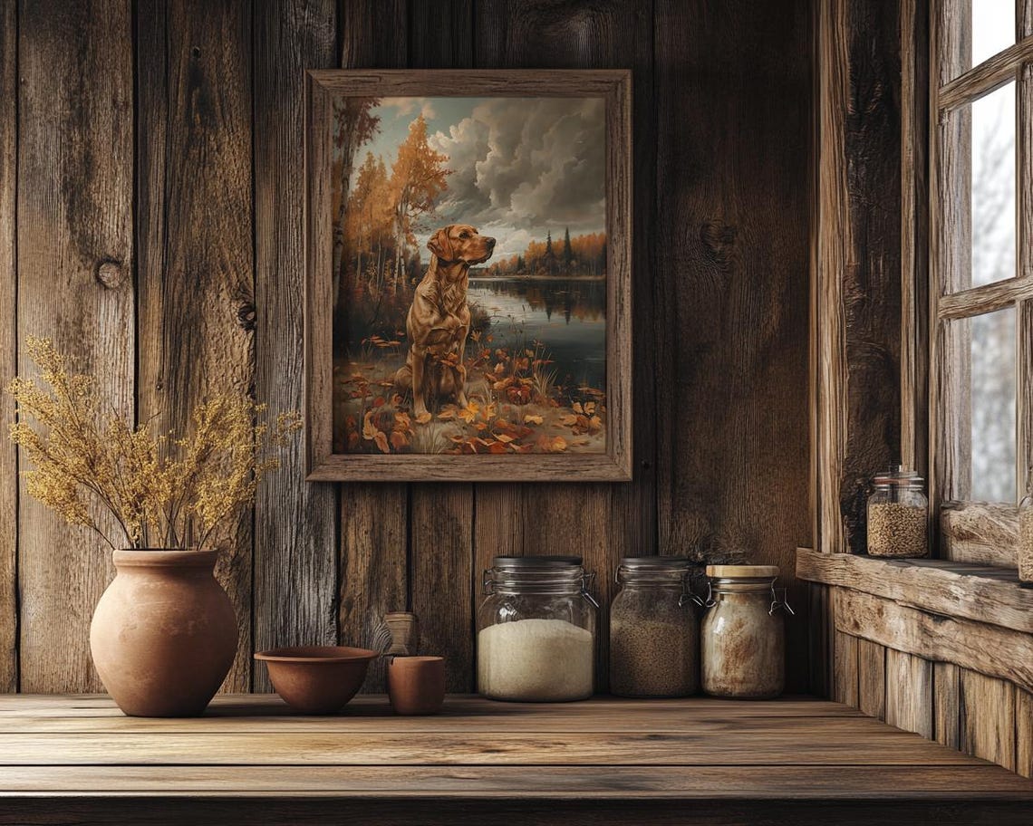 Red Fox Labrador Retriever By Autumn Lake Hunting Cabin Print - Image 2