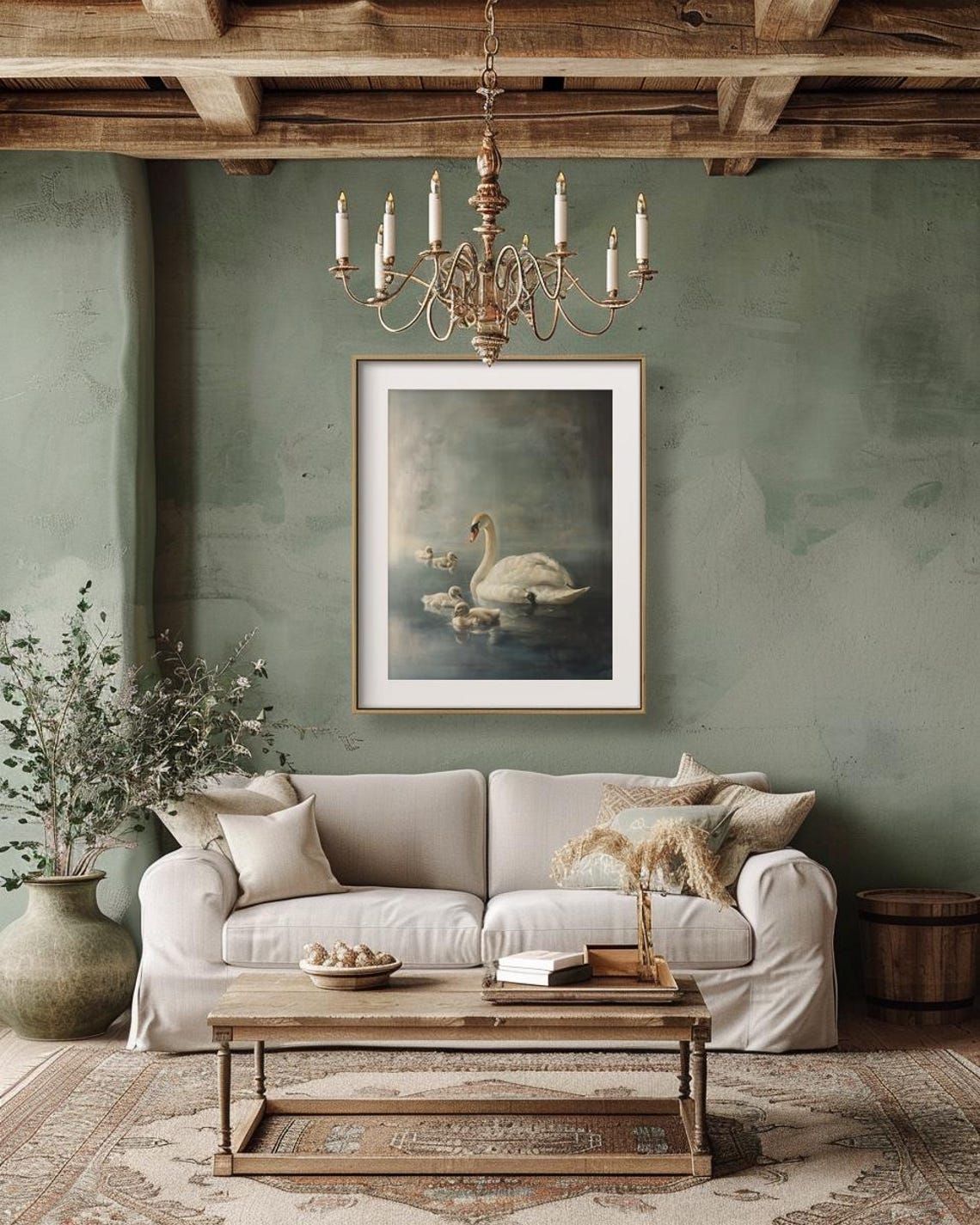 White Swan with Cygnets Gliding Across Misty Water Vintage Poster - Image 3
