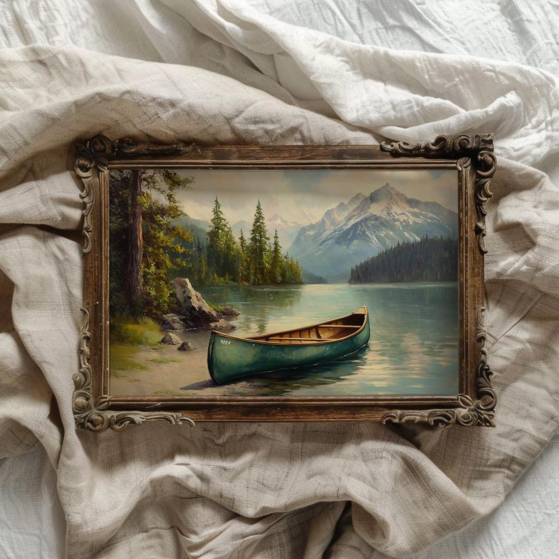 Green Canoe On Calm Mountain Lake With Snow Peaks Vintage Poster - Image 3