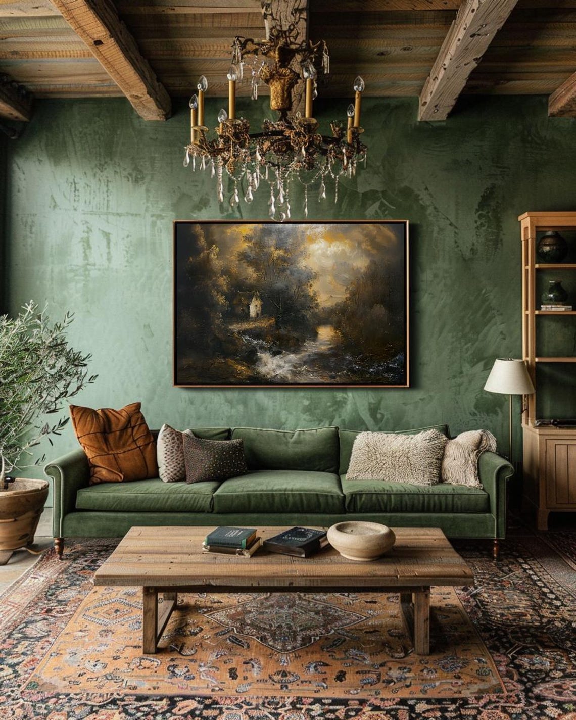 Small Cottage By Rushing Stream Beneath Stormy Golden Dusk Poster - Image 3