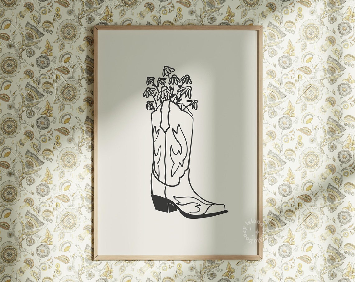 Cowboy Boot Line Art With Wildflowers Minimalist Western Print
