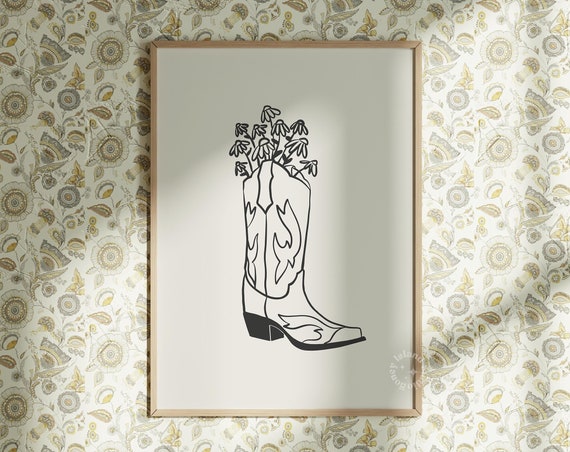 Cowgirl Boots With Flowers Western Art Print Southern Wall Poster Cute Apartment Decor Unframed
