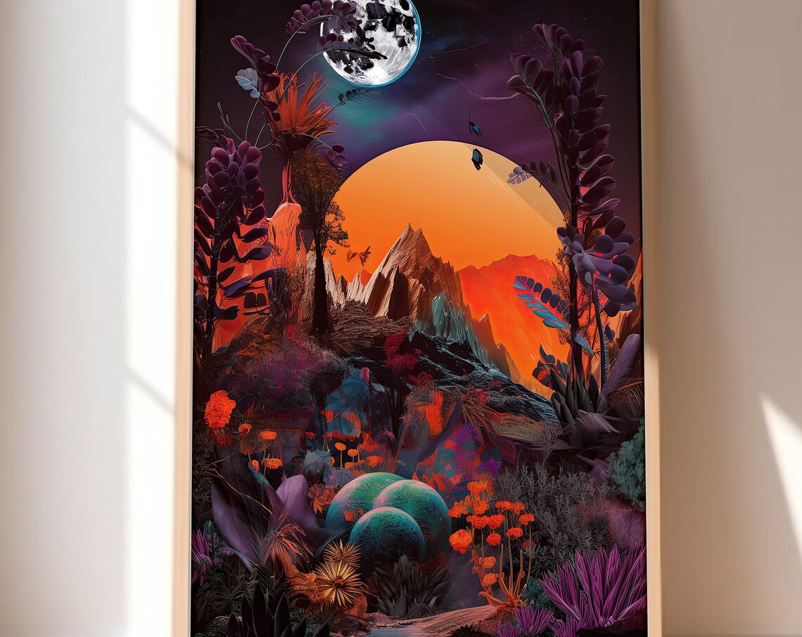 Alien Planet Landscape Orange Sun Purple Flora Surreal Art Poster