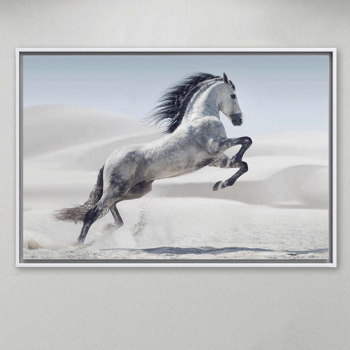 White Horse Running Poster Dramatic Equine Photography Sand Dunes