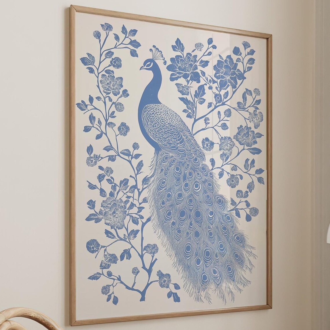 Peacock Perched Blue White Floral Branches Vintage Art Poster