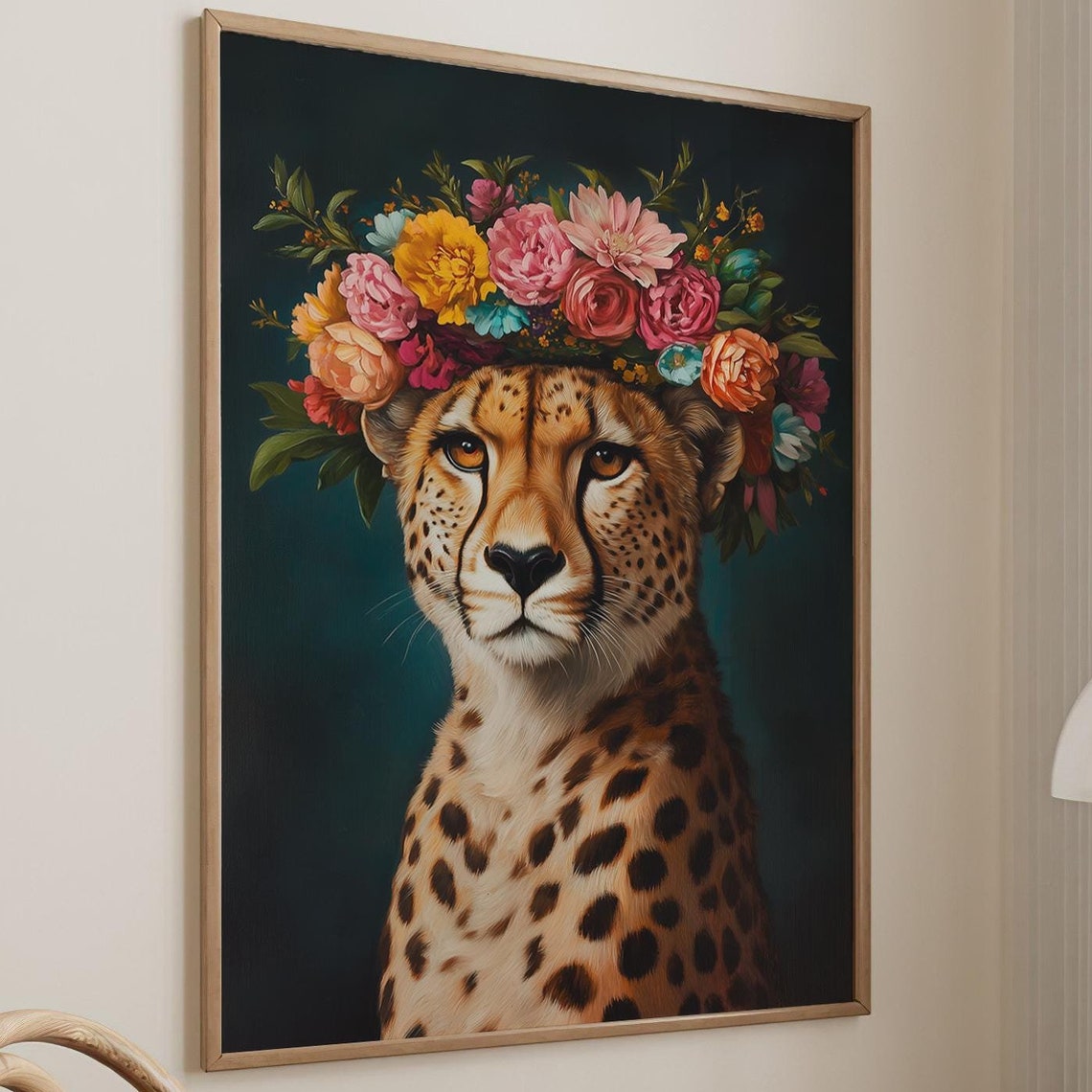 Cheetah Portrait With Vibrant Flower Crown on Deep Teal Art Poster