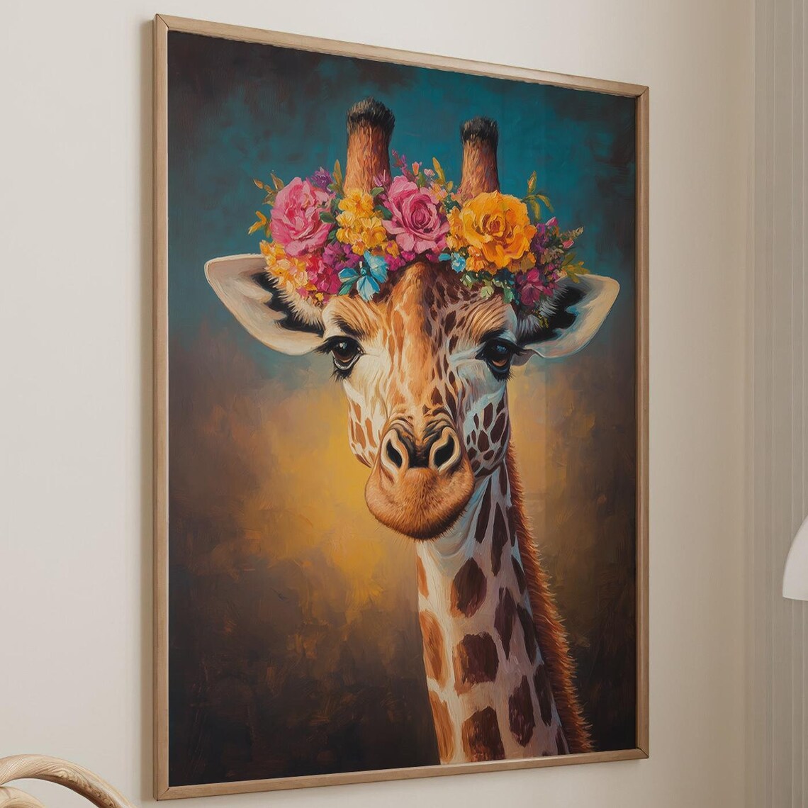 Giraffe With Floral Crown on Teal Gold Background Art Poster