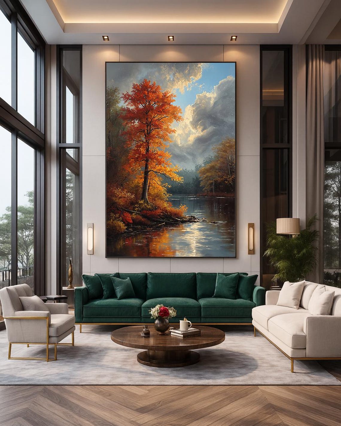 Autumn Golden Tree Reflected in Lake Oil Painting Fall Landscape Wall Art