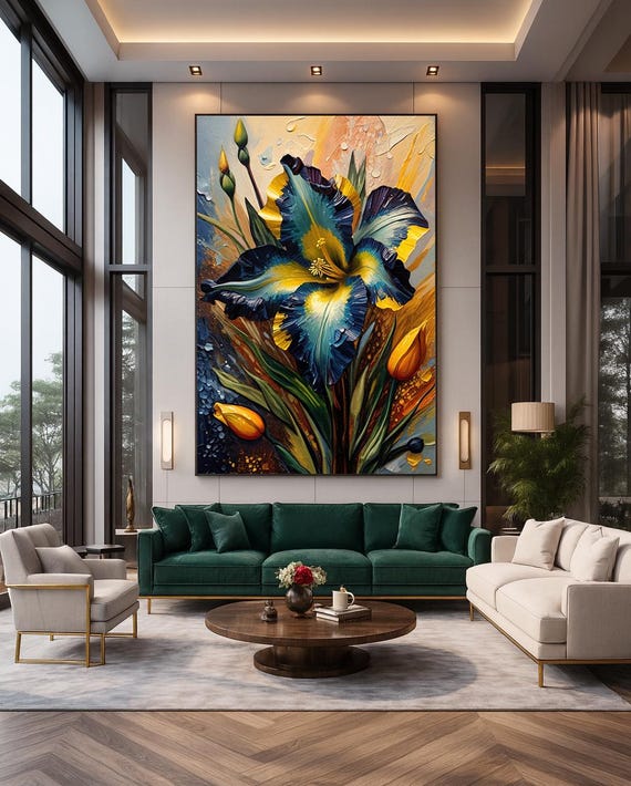 Blue Iris Floral Print Impasto Style Botanical Artwork Bold Wall Art