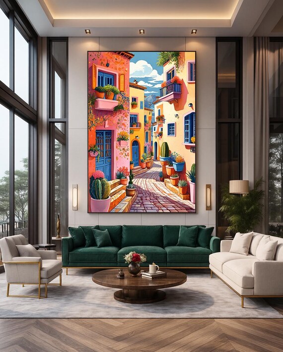 Mediterranean Village Street Colorful Houses Cactus Summer Print