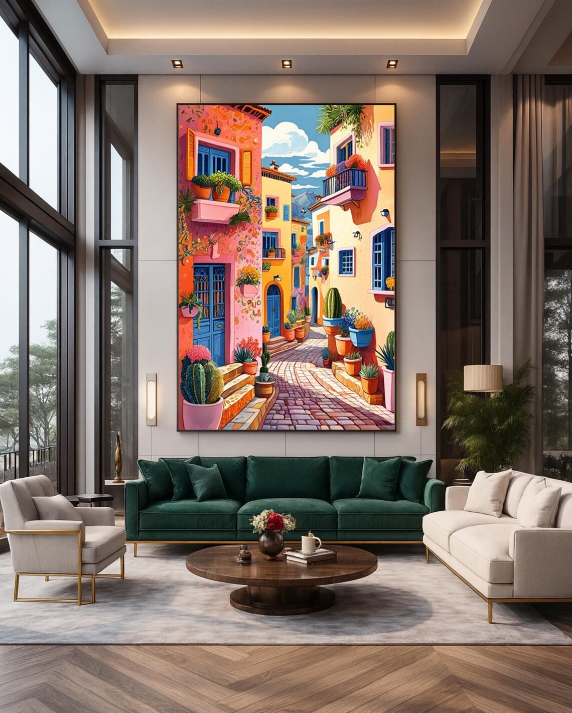 Mediterranean Village Street Colorful Houses Cactus Summer Print