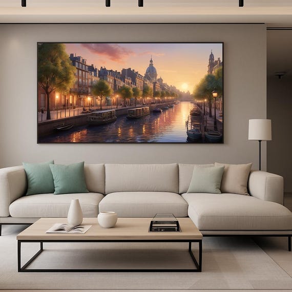 European Canal Sunset Boats Print Waterfront Cityscape With Pastel Sky Wall Art