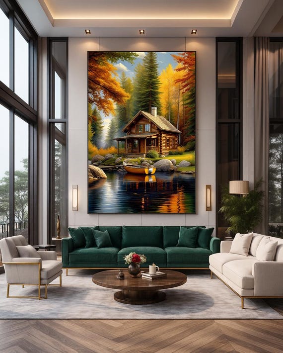 Log Cabin Autumn Lake Canoe Fall Foliage Cozy Rustic Escape Poster