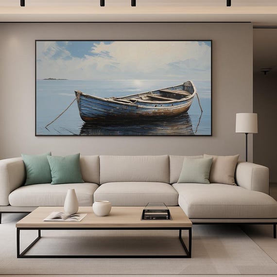 Rustic Blue Boat Wall Art Minimalist Seascape With Calm Waters Cloudy Sky