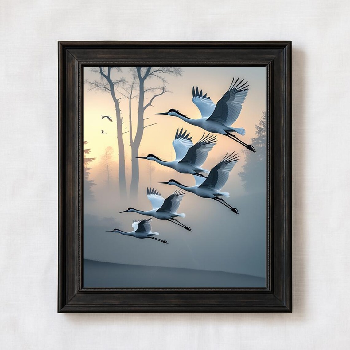 Flock Of White Cranes At Misty Sunrise Elegant Nature Wall Print