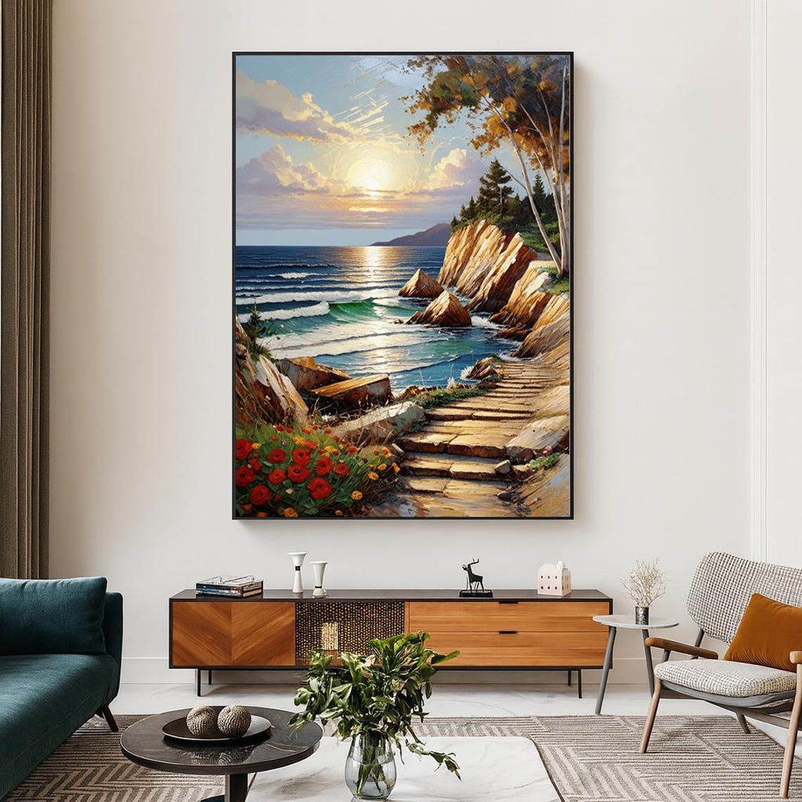 Sunset Cliffside Path Seascape Golden Ocean Waves Coastal Poster