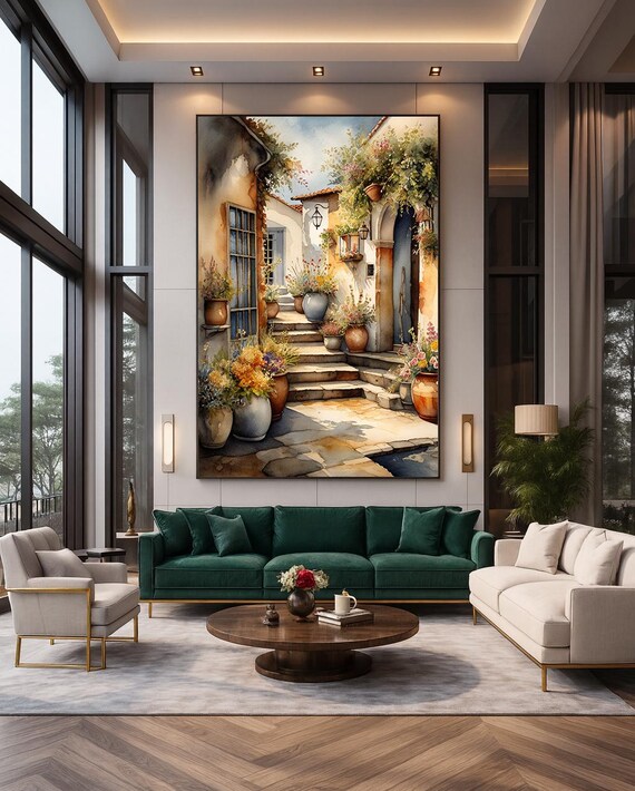 Mediterranean Courtyard Stairs Terracotta Flower Pots Vintage Style Poster