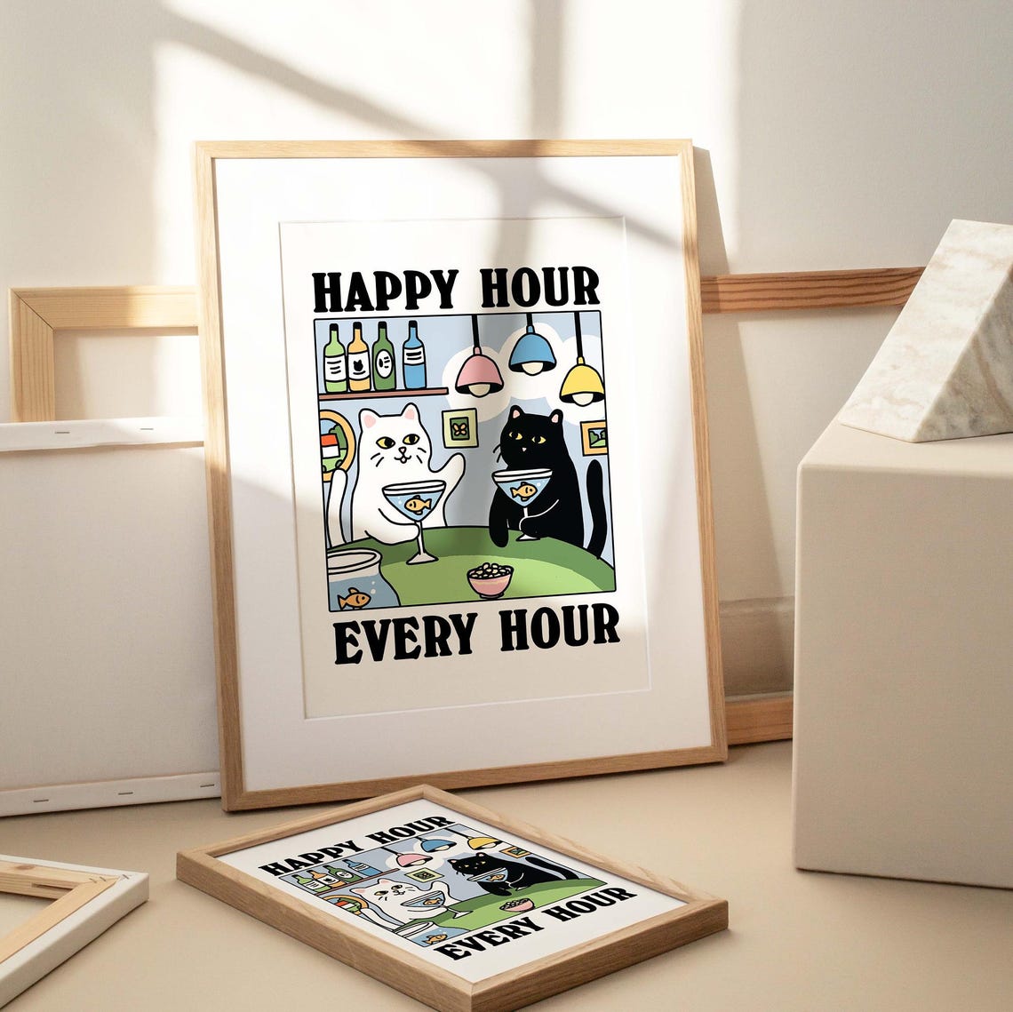 Happy Hour Every Hour Funny Cats Martini Bar Humor Quote Poster - Image 2