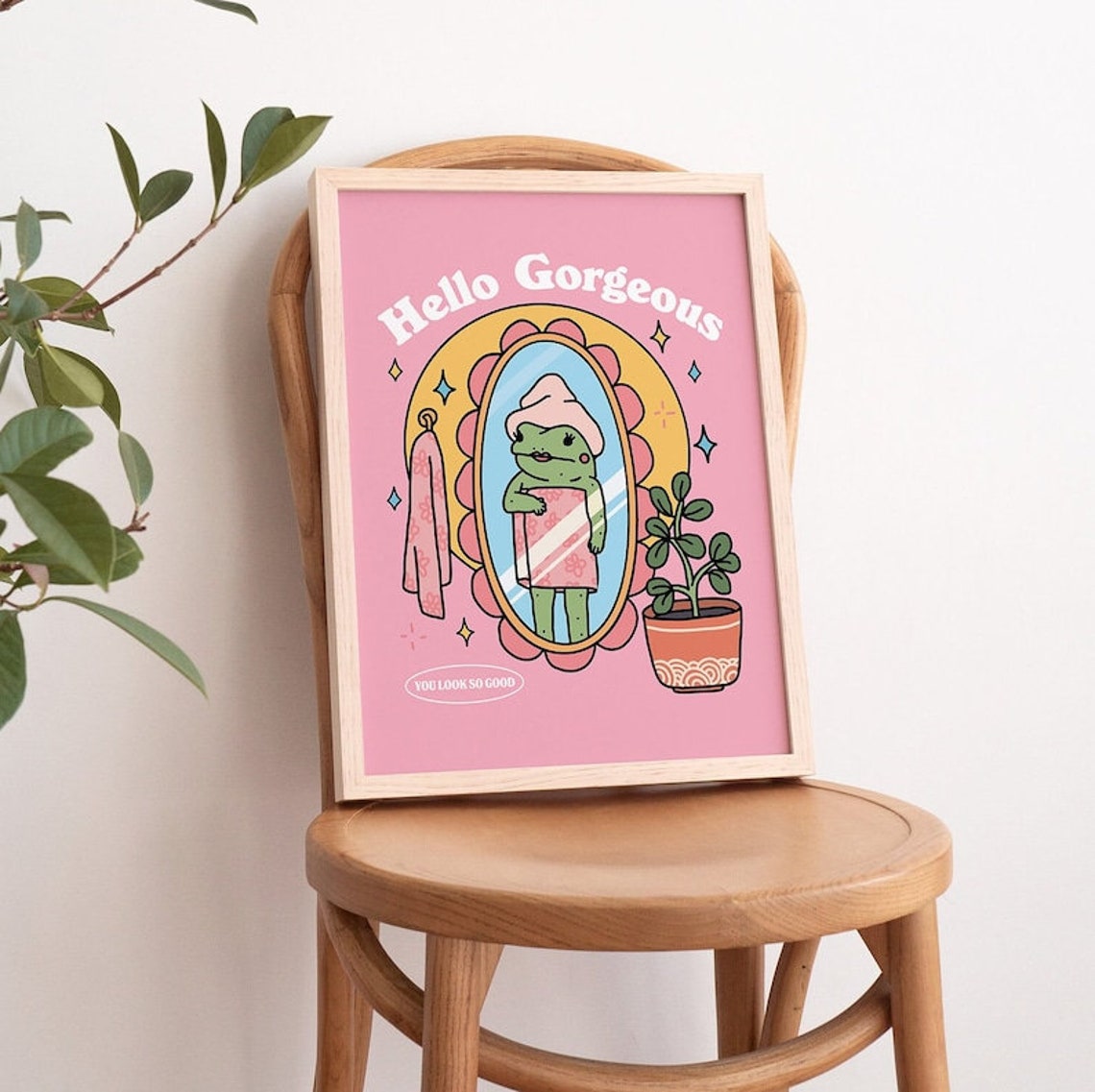 Hello Gorgeous Pink Frog Mirror Selfie Y2K Girly Bathroom Poster - Image 4