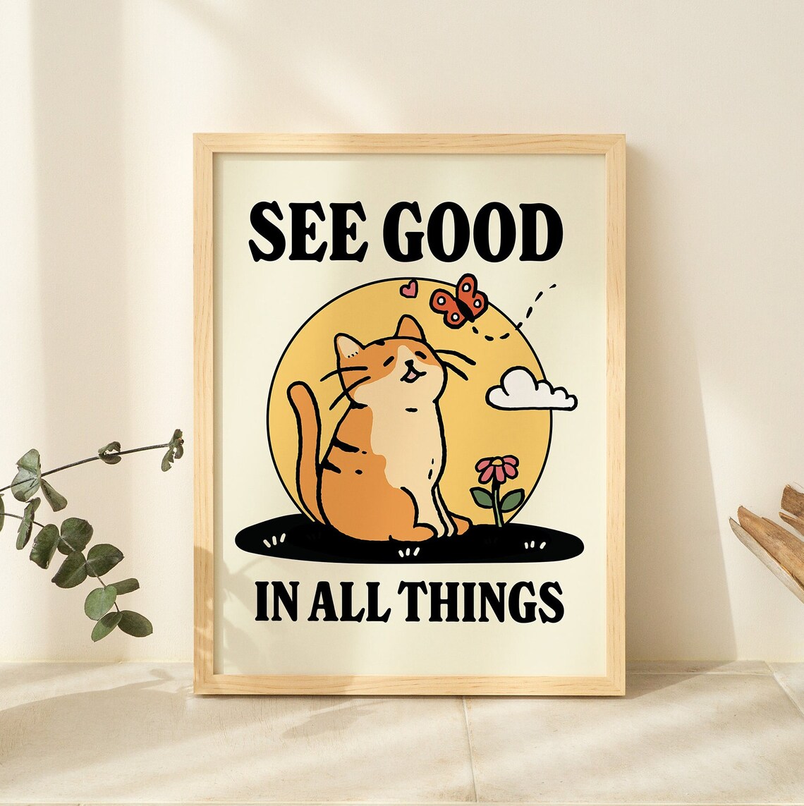 Colorful Cat Illustration Print, Cute Quote Decor