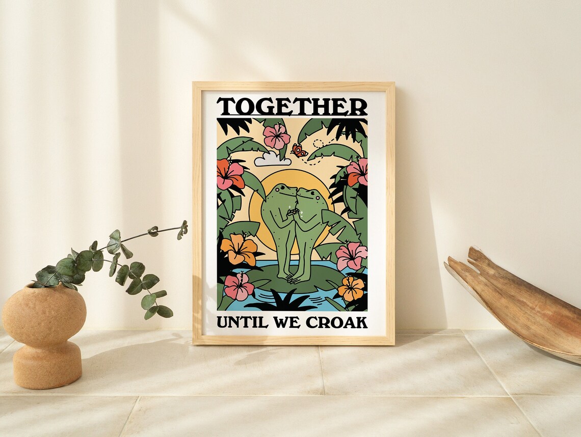 Together Until We Croak Kissing Frogs Tropical Hibiscus Wall Art - Image 2